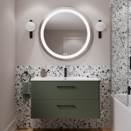 Close up lifestyle image of Britton Camberwell 800mm Unit with basin in earthy green